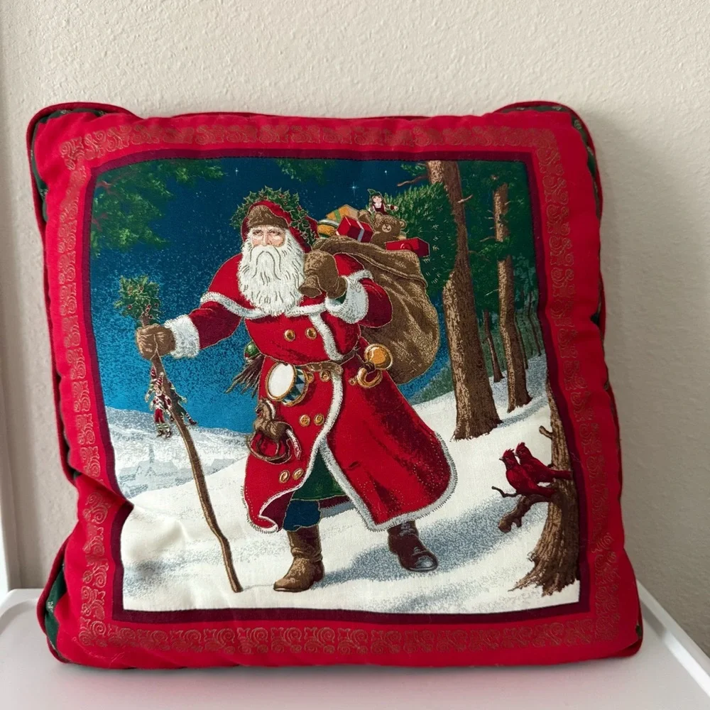 Old World Santa Claus and Reindeer Holiday Pillow